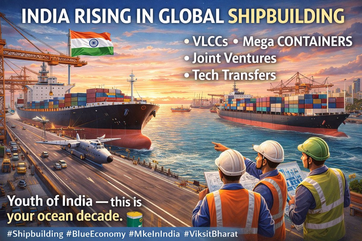 HemanNamo's tweet image. India isn’t just building ships.
India is building a maritime future. 🚢🔥

From VLCCs to mega container vessels — we’re stepping into the global league.
Tech transfers. Joint ventures. New waterways. Massive jobs.

Youth of India — this is your ocean decade. 🌊🇮🇳

#Shipbuilding