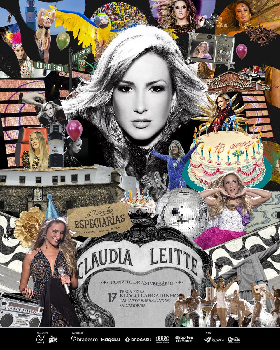 ClaudiaLeitte's tweet photo. Convido você a estar comigo no #BlocoLargadinho e nas ruas de Salvador comigo, amanhã, terça-feira (17), para celebrarmos o meu aniversário de 18 anos de carreira solo e o dia do Axé Music 🖤 https://t.co/vgOpctFv5Y