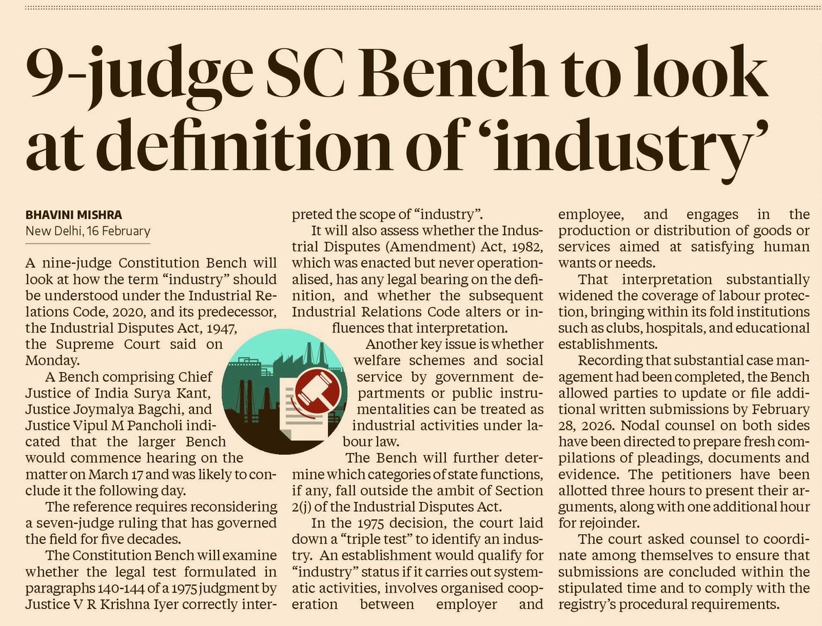 iNKSHARMA's tweet photo. 🚨 A 9-Judge SC Bench will redefine “INDUSTRY” from March 17.

Why now?

1978: SC gave a VERY wide definition — even hospitals, universities, govt depts became “industries”

1982: Parliament tried to narrow it. Amendment was NEVER notified. 43 years.

2020: Industrial Relations Code replaced the old law & explicitly excluded sovereign govt functions.

But the IR Code itself isn’t fully operational.

So the SC must now decide:

→ Was the 1978 test correct?
→ Does the new IR Code change the game?
→ Are govt welfare schemes “industrial activities”?

If you’re a govt employee, hospital worker, or NGO staffer — this ruling decides your labour rights.

CJI Surya Kant’s bench. March 17-18.
One of the most consequential hearings of this decade.

#SupremeCourt #LabourLaw #IndustrialRelationsCode
