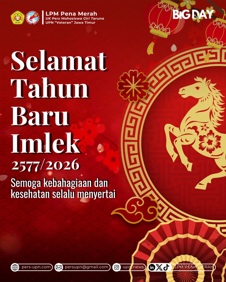 UPNNEWS_'s tweet image. [Selamat Tahun Baru Imlek 2026]

Hai Sobat Gita! 🙌🏻
Merayakan tradisi, menyambut keberuntungan. Selamat Tahun Baru Imlek 2577/2026.

Semoga kebahagiaan dan kesehatan selalu menyertai.

#BIGDAY
#TahunBaruImlek
#PersMahasiswa
#LPMPenaMerah
#PenaMerah