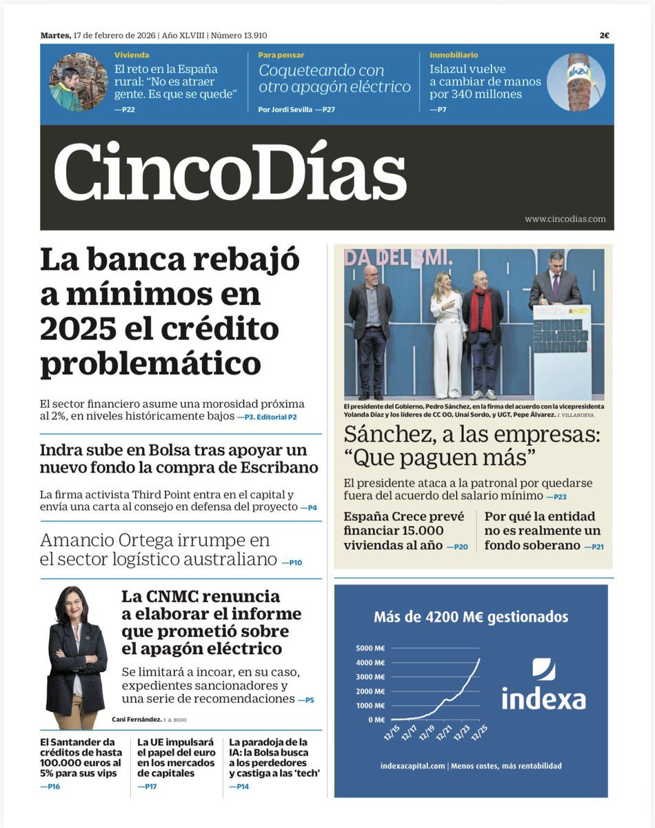 #EspañaCrece #salariomínimo #PedroSánchez #banca #crédito #Indra #Escribano #AmancioOrtega #CNMC #Santander #IA #tech #Bolsa #Islazul