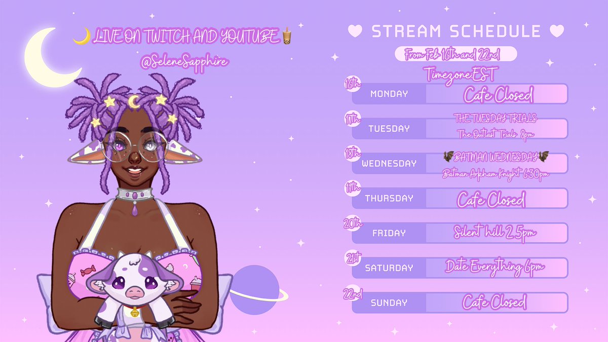 🌙The Celestial Moorista Cafe Weekly Brew 🧋

This week’s pours:
💜 Tues 8PM – The Outlast Trials w/the gang
🦇 Wed 6:30PM – Batman: Arkham Knight
🌫️ Fri 5PM – Silent Hill 2
💘 Sat 6PM – Date Everything

Mon/Thurs/Sun – Sleepy Moo Moo🐮 💤
#Vtuber #Cowvtuber