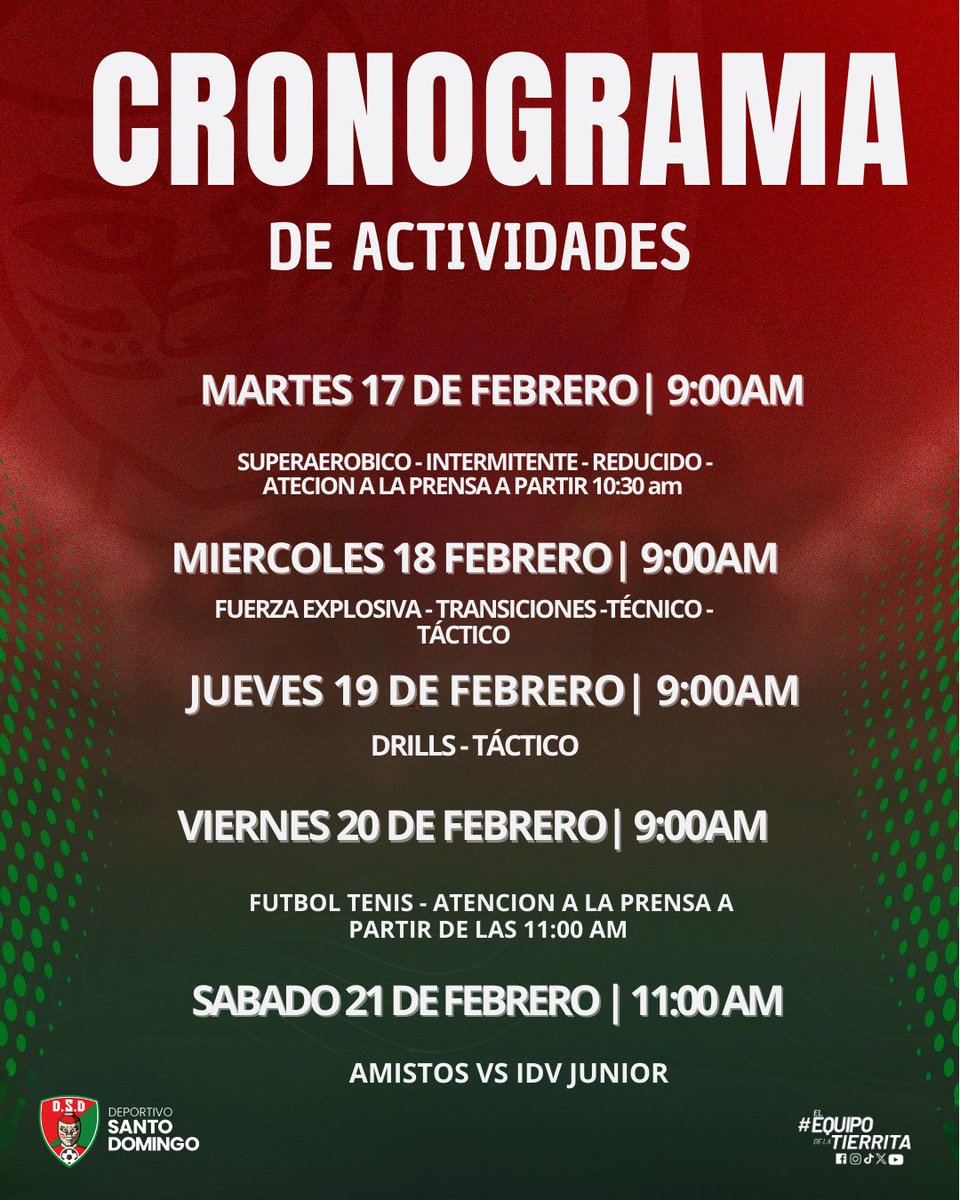 📅 CRONOGRAMA SEMANAL
Listos para una nueva semana de trabajo. 💪⚽

#SomosSantoDomingo
#ElEquipoDeLaTierrita
#LigaProEcuabet