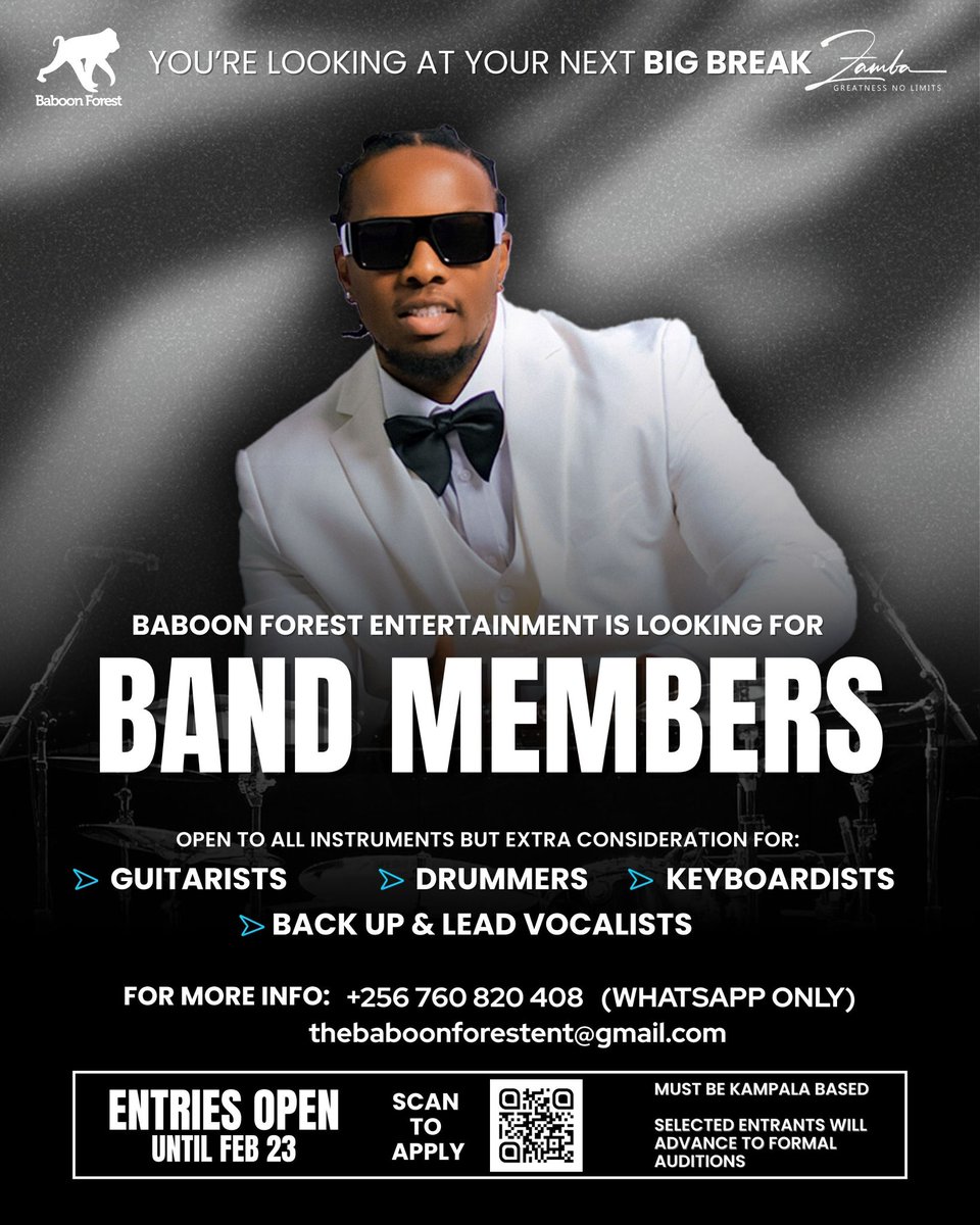 therealGnlzamba's tweet photo. Baboon Forest Entertainment (BFE) is looking for musicians ready to grow, perform and build something entertaining & solid, #TheForestBand
If you’re serious about your craft and ready for the stage, this is your chance. Auditions are now open.

Scan the QR Code to apply.
Or Via https://t.co/RH7jrbX57y