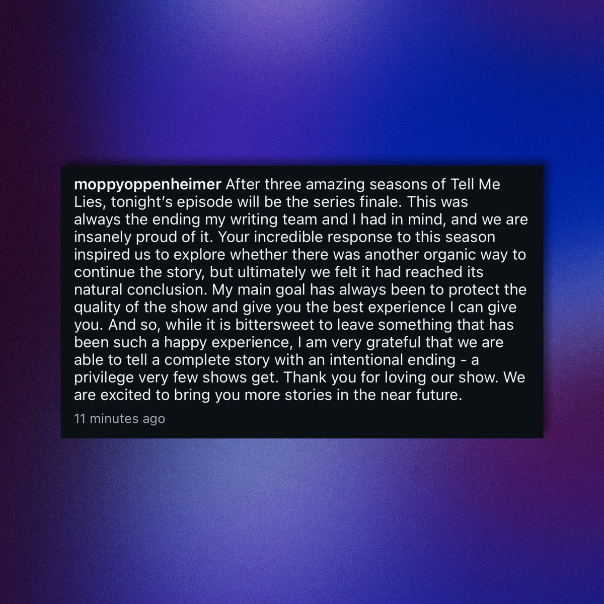 PopBase's tweet image. ‘Tell Me Lies’ will end with tonight’s episode, the showrunner announces:

“This was always the ending my writing team and I had in mind, and we are insanely proud of it. Your incredible response to this season inspired us to explore whether there was another organic way to