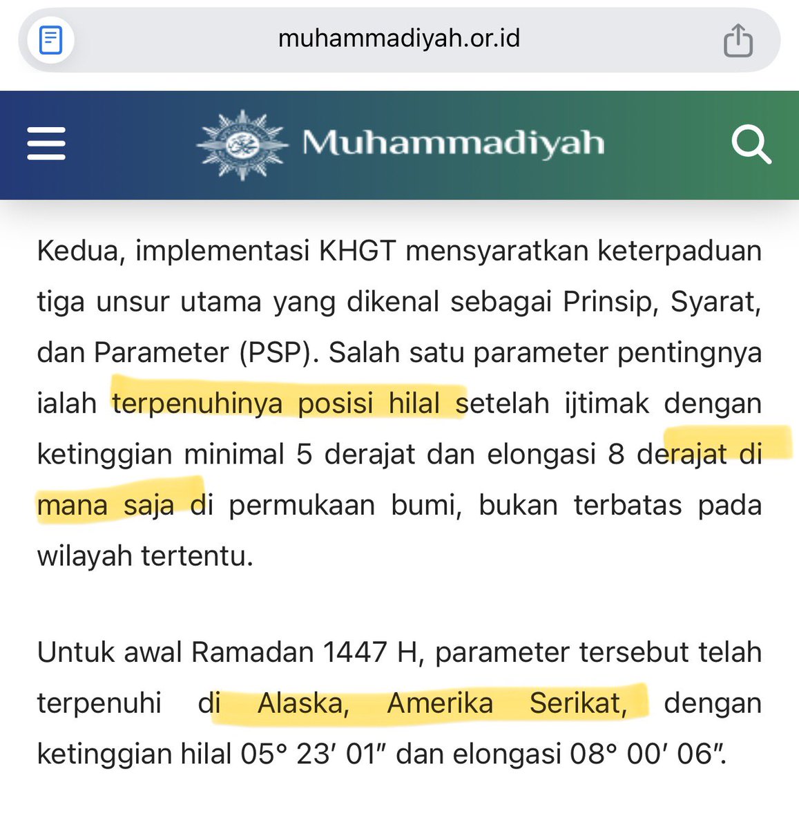 Nanti sore 17 Feb, kita di Indonesia, Singapura, Malaysia, Brunei dsb akan melakukan rukyat mencoba melihat hilal — dan perhitungan saintifiknya tidak mungkin terlihat hilal maka puasa mulai Kamis 19 Feb

Apakah nanti sore muslim di Alaska juga melihat hilal?

JAWABANNYA TIDAK