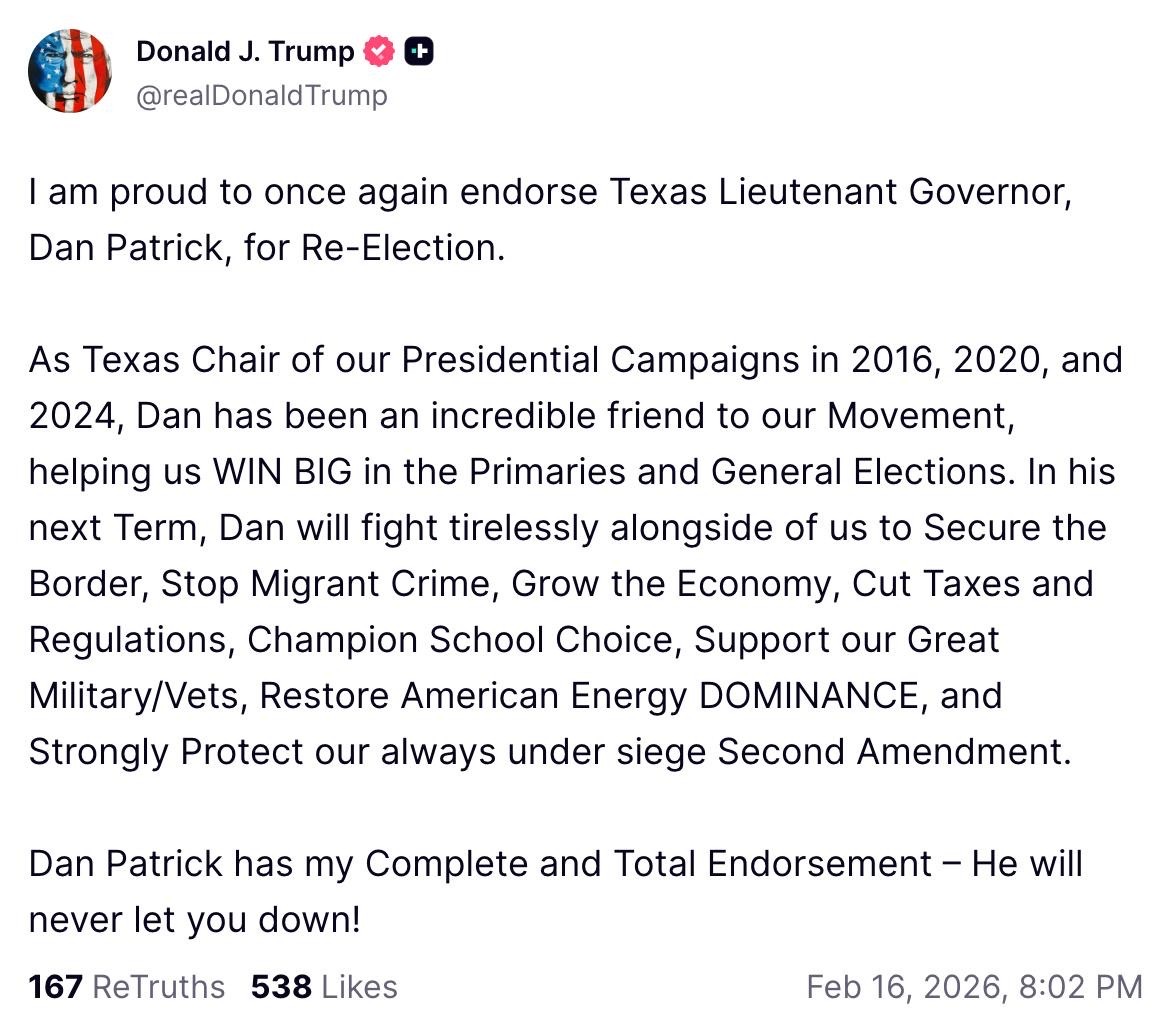 DanPatrick's tweet image. Proud to have President @realDonaldTrump’s complete and total endorsement for my re-election campaign. #MAGA