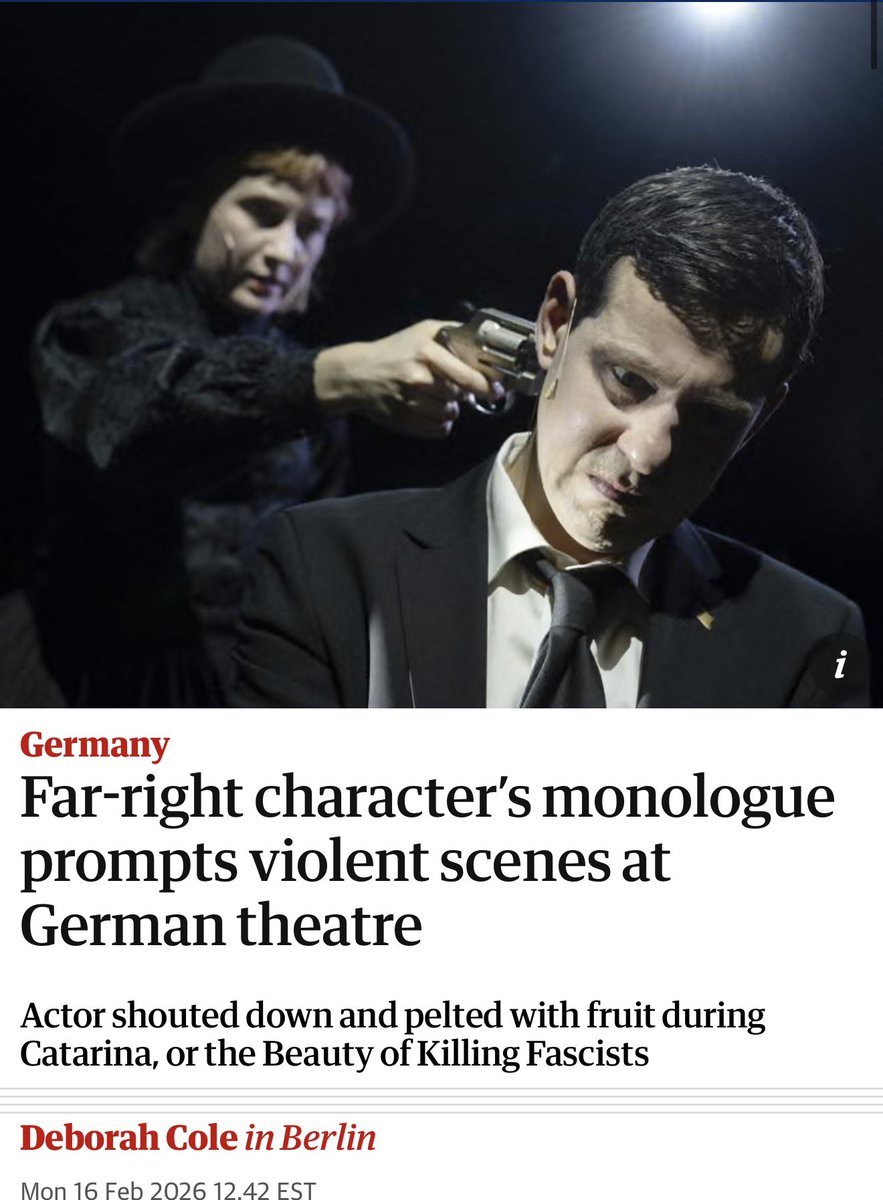 An actor in a play called 'The Beauty of Killing Fascists" was assaulted by a mob of theater patrons.

The character was playing a caricature of a "far right" politician who is giving a monologue expressing his beliefs before execution. Members of the crowd were so triggered that