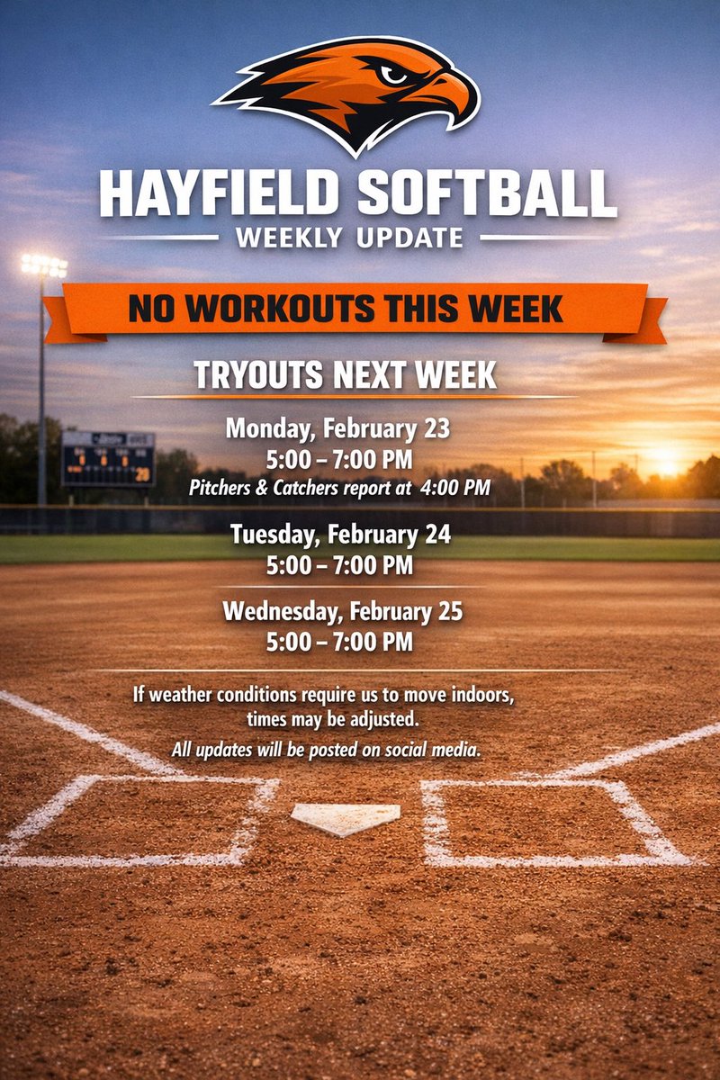 No workouts this week!

Who’s ready to go?!! 🥎

Tryouts begin Monday, February 23
Monday: 5–7 PM
(Pitchers &amp; Catchers at 4 PM)
Tuesday: 5–7 PM
Wednesday: 5–7 PM
If weather requires us to move indoors, times may adjust. Updates will be posted here!
Let’s go, Hawks!!!🧡🖤