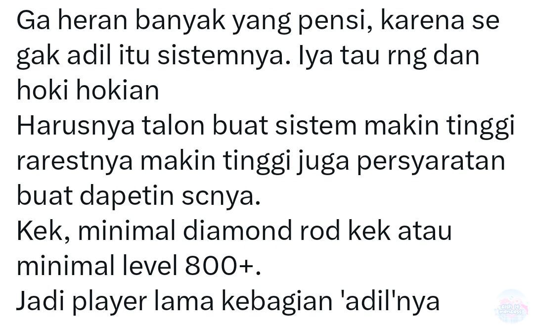 fishitfess's tweet photo. Fish! Nemu komentar di sebelah, menurut kalian gimana? Adil gak sih bnyk yg caught under 50K udah 6M, bahkan belum lulus ele. Kita player lama yg berdarah di ele, dm, ae disetarain sama player baru WKWK. Tau ini RNG, kan bisa disetting batas minimumnya 🥱 https://t.co/Sql7vdKkf3