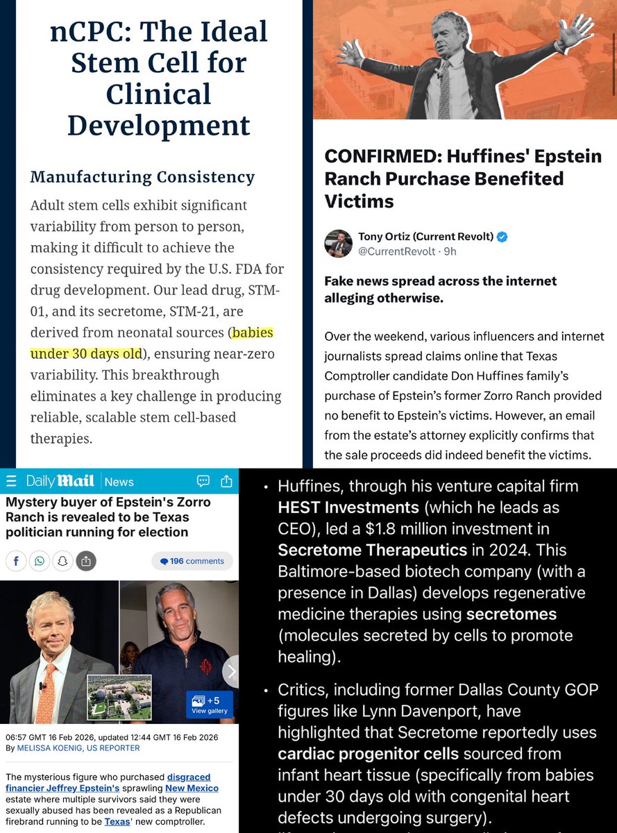 Truthtellerftm's tweet image. The mystery buyer of Epstein's Zorro Ranch, where there were eugenics experiments and a potential baby lab, is revealed to be Texas politician and Trump supporter Don Huffines, who is running to be Texas controller, and happens to be an investor and whose HEST investments venture