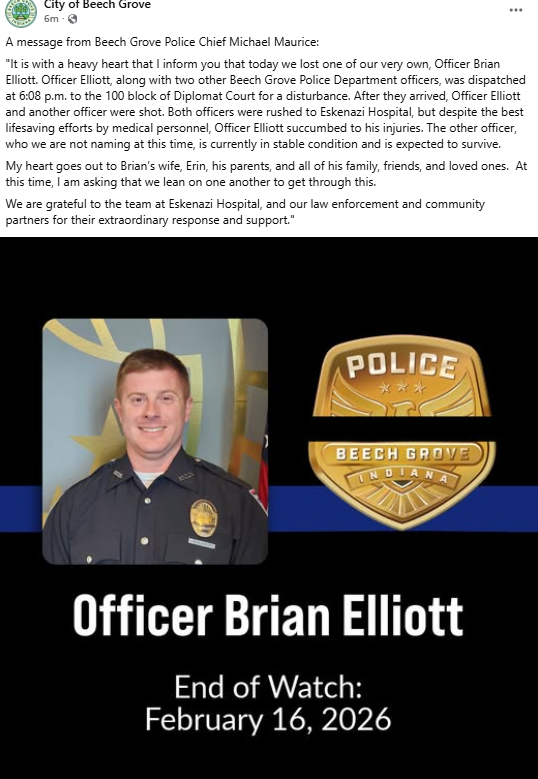 A message from Beech Grove Police Chief Michael Maurice:
"It is with a heavy heart that I inform you that today we lost one of our very own, Officer Brian Elliott. Officer Elliott, along with two other Beech Grove Police Department officers, was dispatched at 6:08 p.m. to the 100