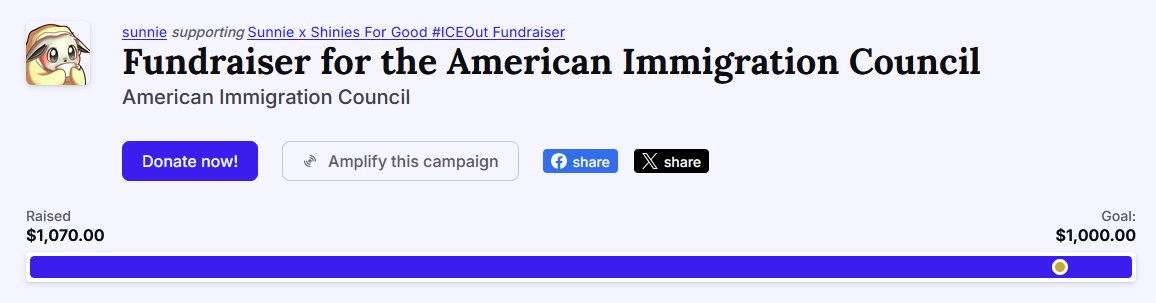 crushed our goal in just 2 days and raised over $1000 for <a href="/immcouncil/">American Immigration Council</a> 🥹 so grateful i could join <a href="/ShiniesForGood/">Shinies For Good</a> #ICEOut Fundraiser 💛 thank you everyone who came by to support, donate, and spread the word!