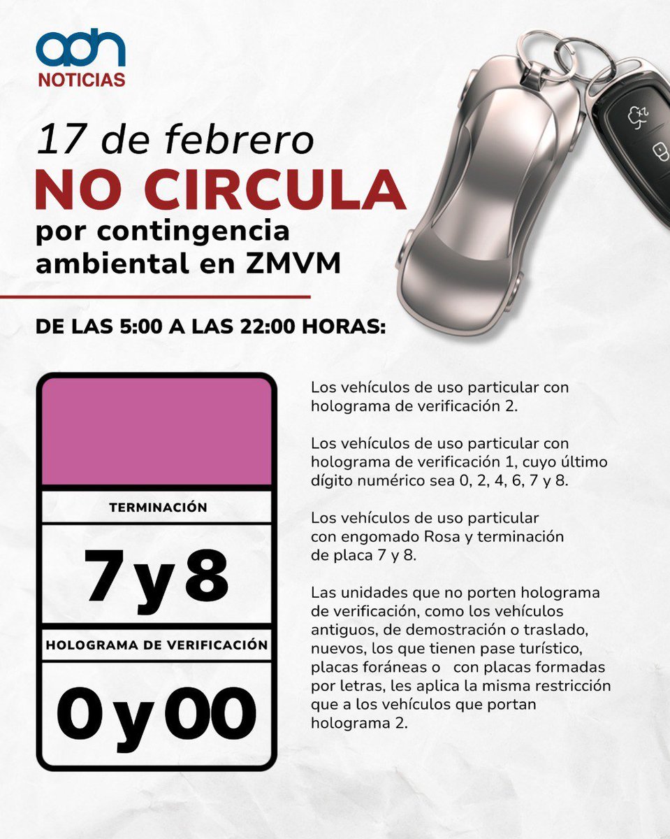 adnnoticiasmx's tweet photo. ¡Mucho ojo! 👀⚠️ Se mantiene la Contingencia Ambiental en el Valle de México. Estos son los autos que NO circulan el martes 17 de febrero 🚗🚫 https://t.co/RivKS4neto