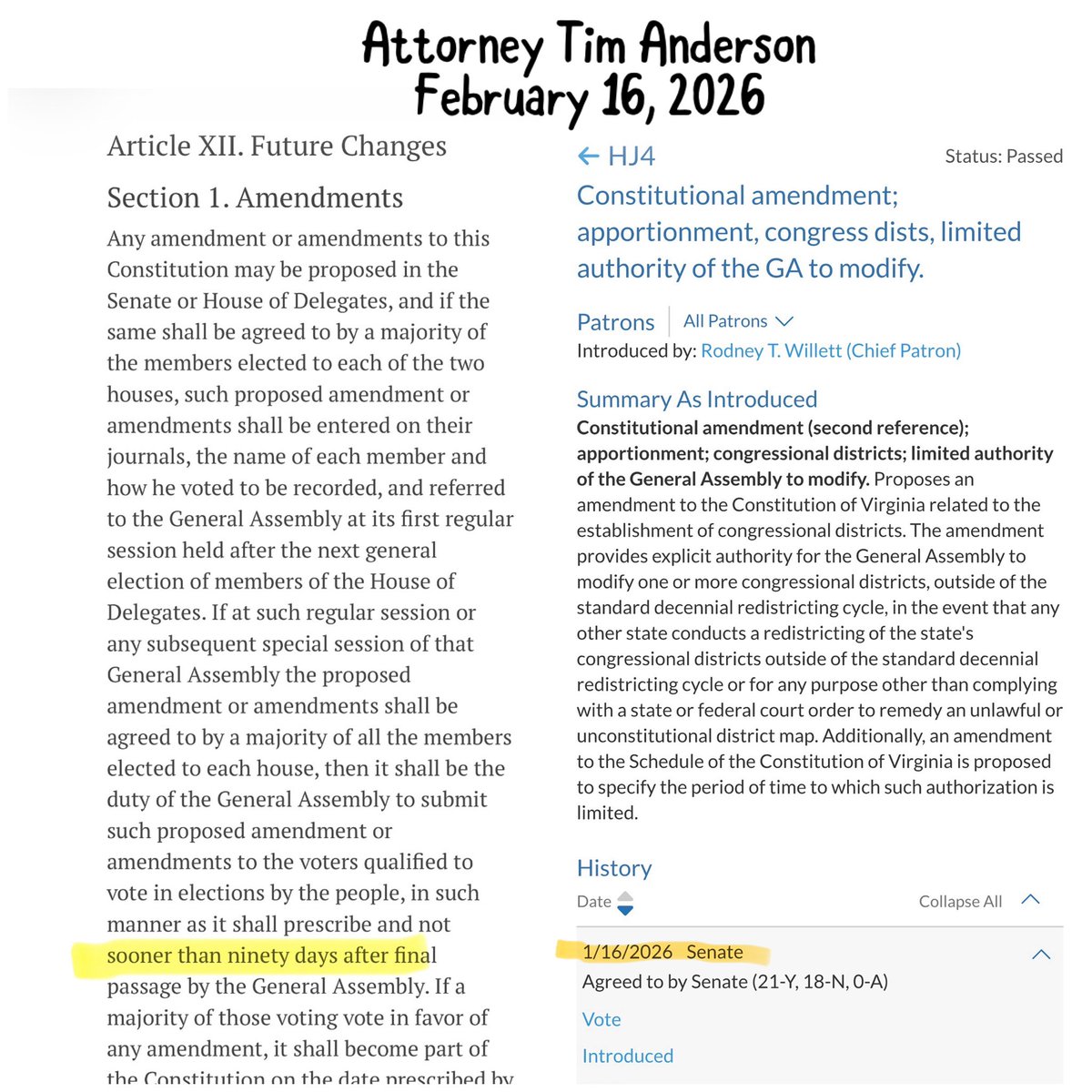AssocAnderson's tweet image. The Virginia Constitution is clear: a proposed constitutional amendment may not be submitted to the voters sooner than ninety days after final passage by the General Assembly. (Va. Const. art. XII, § 1.)

If final passage occurred on January 16, 2026, the ninety-day mark falls on