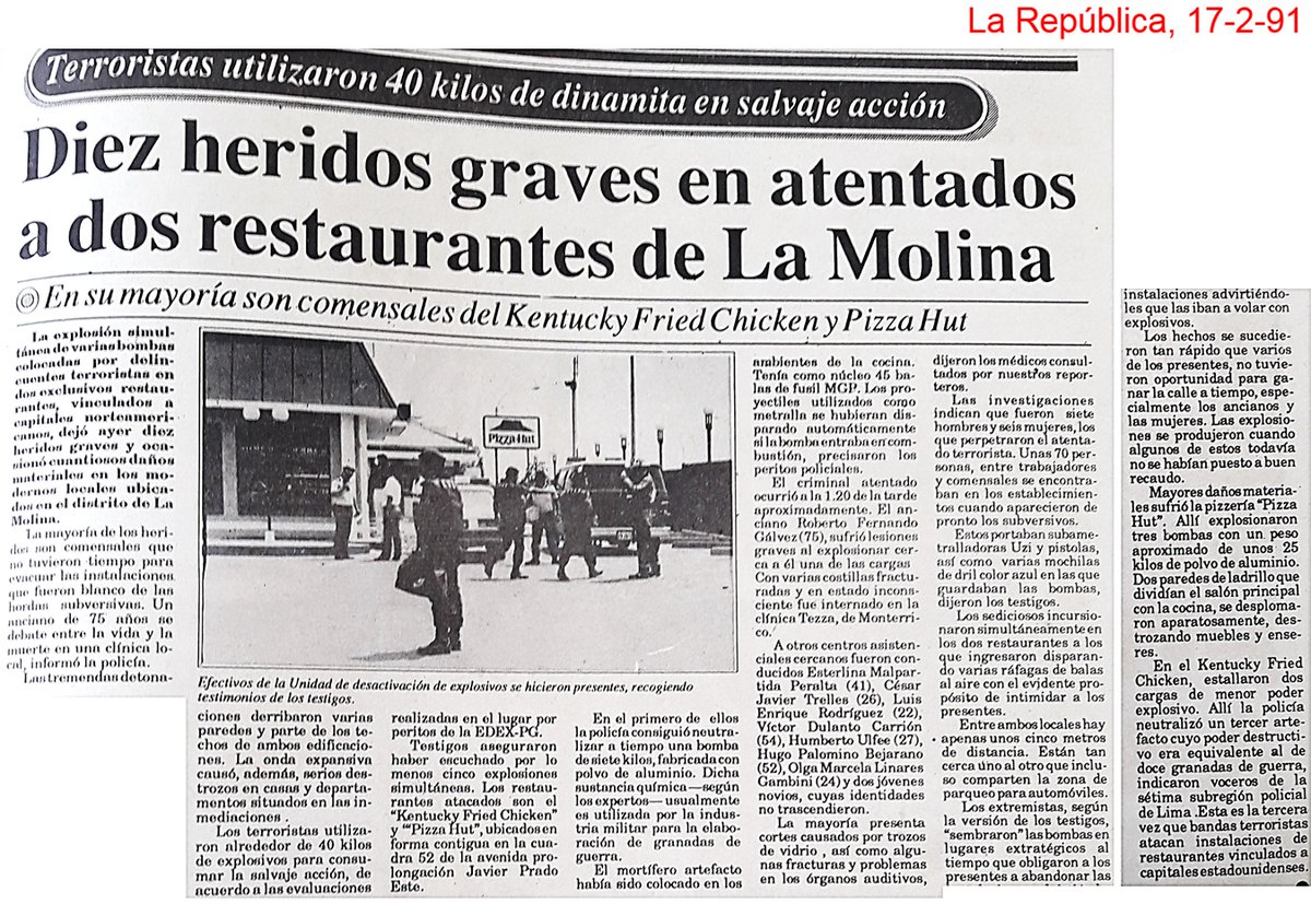 LA CRONOLOGÍA SANGRIENTA Y OCULTA
Continúo difundiendo el trabajo de investigación del periodista <a href="/ppmarino/">Pepe Mariño</a> sobre los atentados cometidos por las organizaciones terroristas Sendero Luminoso  y MRTA.
Semana del 16 al 22 de febrero: (1/7)