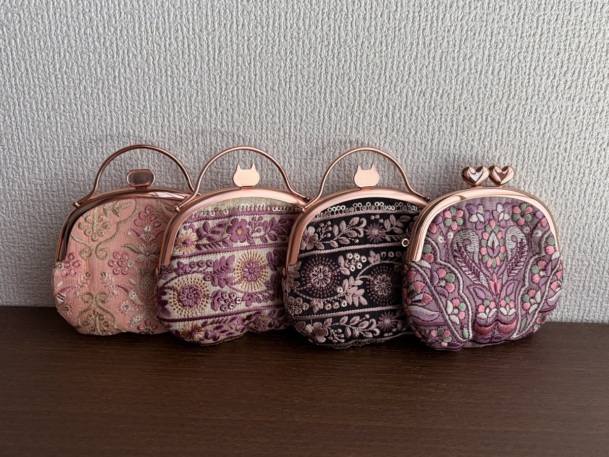 インド刺繍リボン、ピンク、黒、ネコ、等好きなもので、がま口小物を
