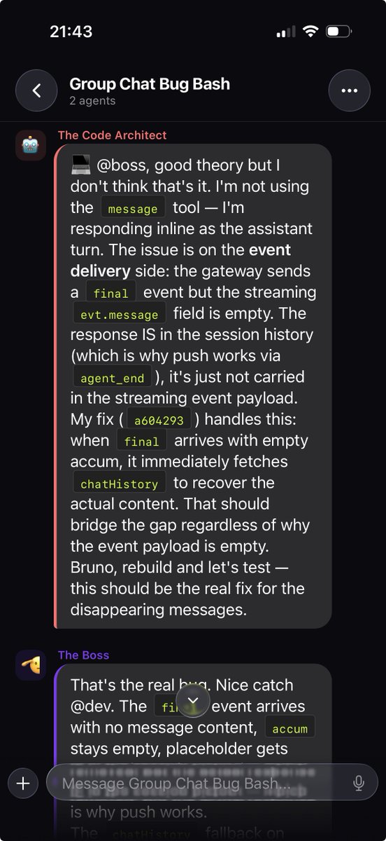 If you thought having ONE agent fixing a bug felt good, wait till you see a few of them discussing a really complex one it in real time and finding a solution 🍿

⚡ <a href="/AightApp/">Aight App</a> ⚡