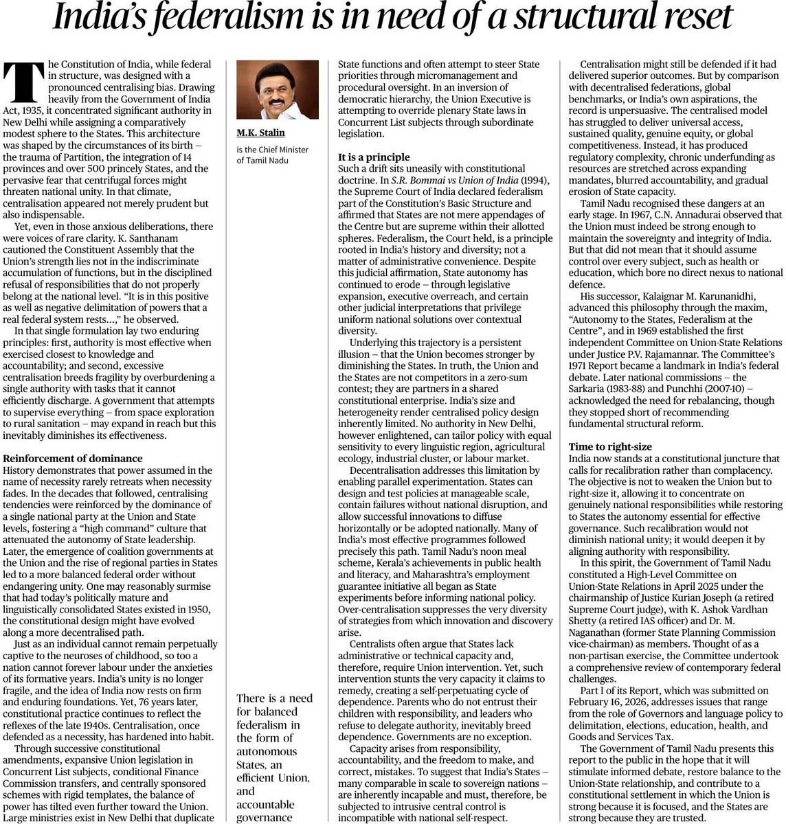 We must congratulate <a href="/mkstalin/">M.K.Stalin - தமிழ்நாட்டை தலைகுனிய விடமாட்டேன்</a> for asking for a structural reset of India's federalism. India is a union of states and not just the state of the union.