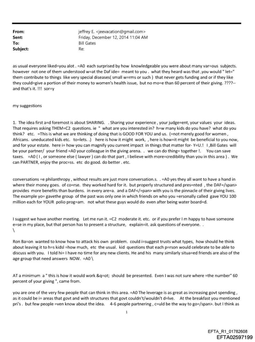 🚨 Forget the flight logs. This email is worse.
December 2014 — six years after Epstein's conviction for sex trafficking.

Bill Gates hosts a breakfast with billionaire donors. Afterward, he emails Jeffrey Epstein a detailed readout on each attendee.

Epstein writes back —