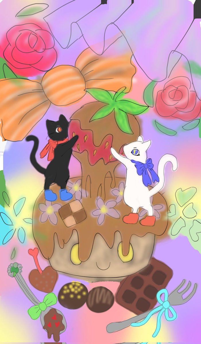 mikemotineko's tweet photo. バレンタインデー なので（遅）バレンタインデー チックに絵を描いてみたよ🎨✨

#絵 #イラスト #バレンタイン2026 #チョコ #猫 https://t.co/3gnD4LG2Ll