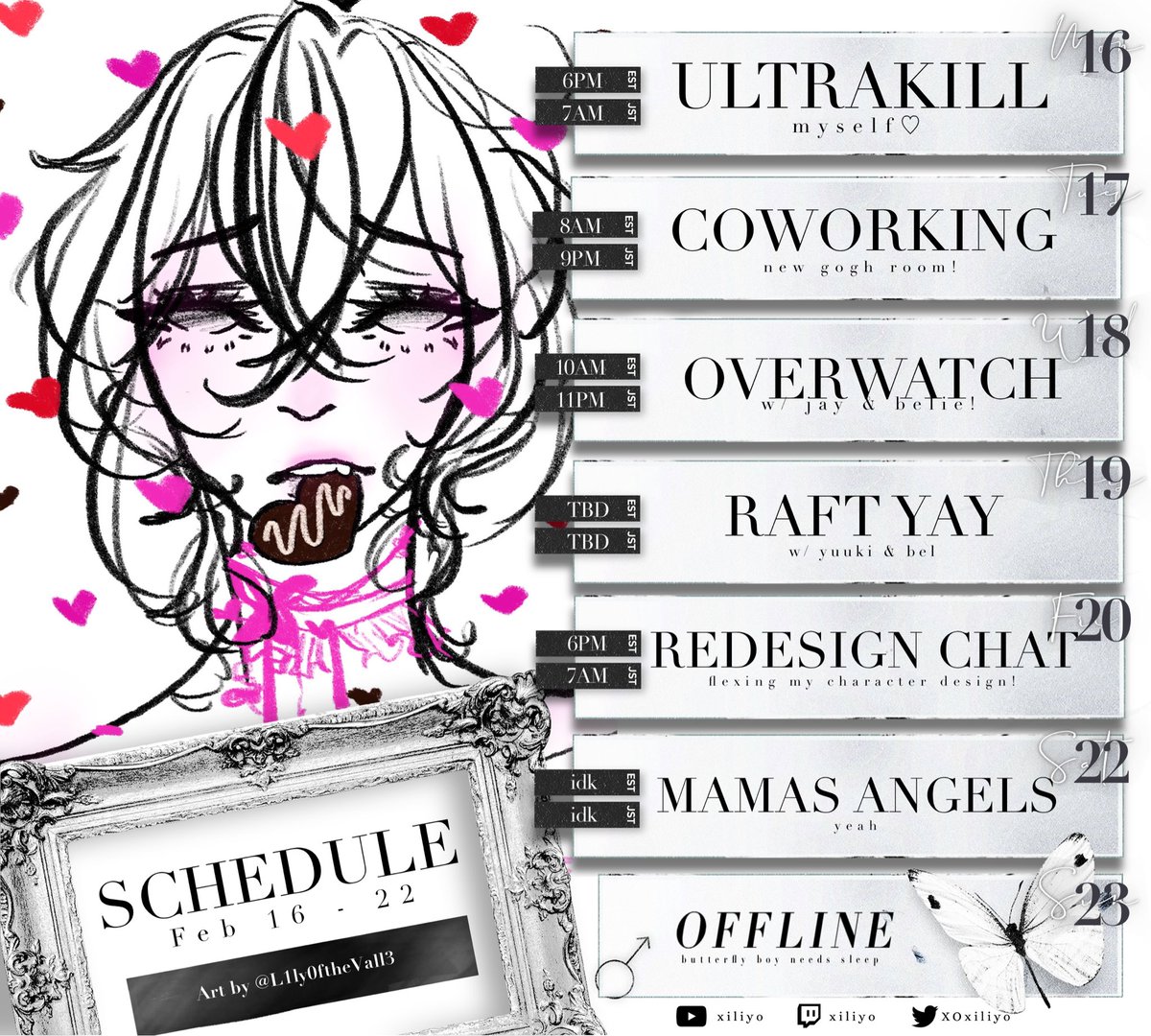 XOxiliyo's tweet photo. ʚ WEEK OF FEBRUARY 16 - 22 ɞ
Art by @L1ly0ftheVall3 !
▪︎ General : #Xiliyo
▪︎ Clips : #XiliyoUnveiled
▪︎ Live : #XiliyOnAir
▪︎ Art : #Xiliyart
▪︎ NSFW : #XXXiliyo
▪︎ Fans : #flutterbys https://t.co/PI9F7WMWZx