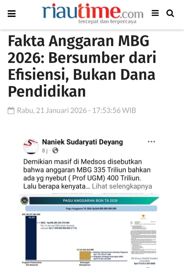 Fitnah harus lawan dg informasi yg benar, bila dibiarkan akan dianggap kebenaran oleh masyarakat

"TIDAK BENAR ANGGARAN MBG MEMOTONG ANGGARAN PENDIDIKAN" 

MBG menggunakan dana hasil efisiensi lembaga/kementerian (kegiatan2 perayaan &amp; sejenisnya yg buang2 anggaran) juga sitaan