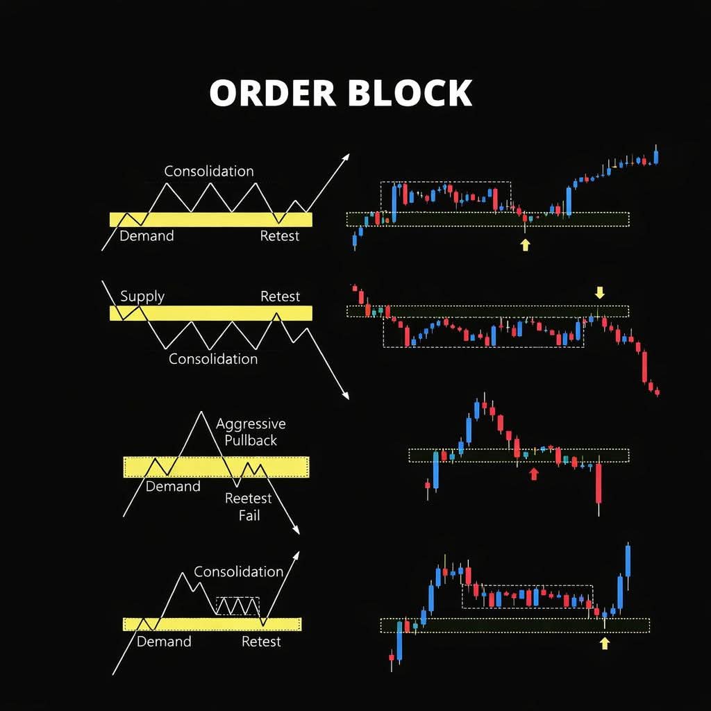 studybitcoins's tweet photo. ORDER BLOCK – Smart Money Footprints 📊🧠

Most traders chase price.
Smart traders wait for Order Blocks.

An Order Block is where big institutions place their orders —
price consolidates, breaks, and later retests that zone before the real move begins.

🔹 Demand Order Block → look for buys after retest
🔹 Supply Order Block → look for sells after retest
🔹 Best entries come after consolidation + retest, not the breakout
🔹 Failed retest = warning sign, not an entry

Stop trading emotions.
Start trading structure & logic.

Save this. Study it. Trade smarter. 🚀