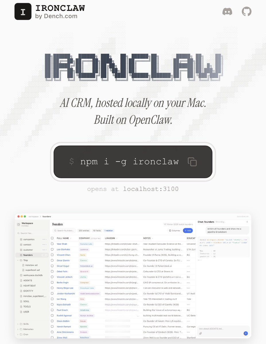 Near 創始人不玩幣圈了，直接推出 Ironclaw.sh （先書籤🔖）

🦀 Ironclaw：AI CRM, hosted locally on your Mac  
這是 NEAR AI 團隊（Illia Polosukhin 主導）打造的本地 AI 代理，專為 CRM 自動化設計：自然語言查詢資料、自動外聯、lead 補全、pipeline 管理，全跑在你 Mac