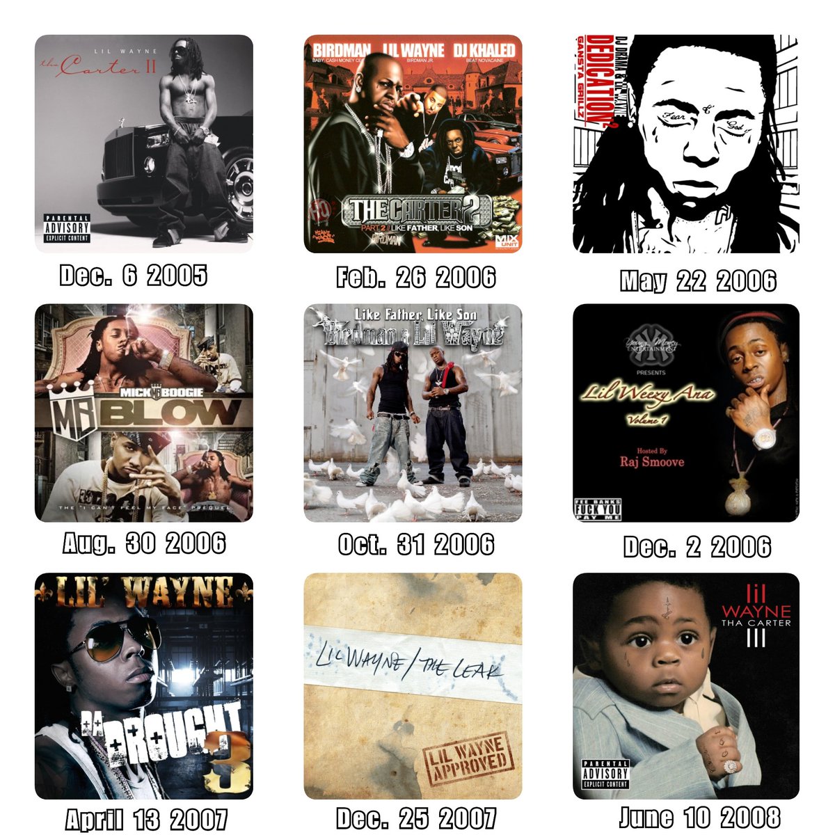 I think Lil Wayne's career had multiple peaks and primes but my favorite Wayne era is the album/mixtape run between Carter 2 and 3. This is crazy to release in a span of 3-4 years, and some of his best work.