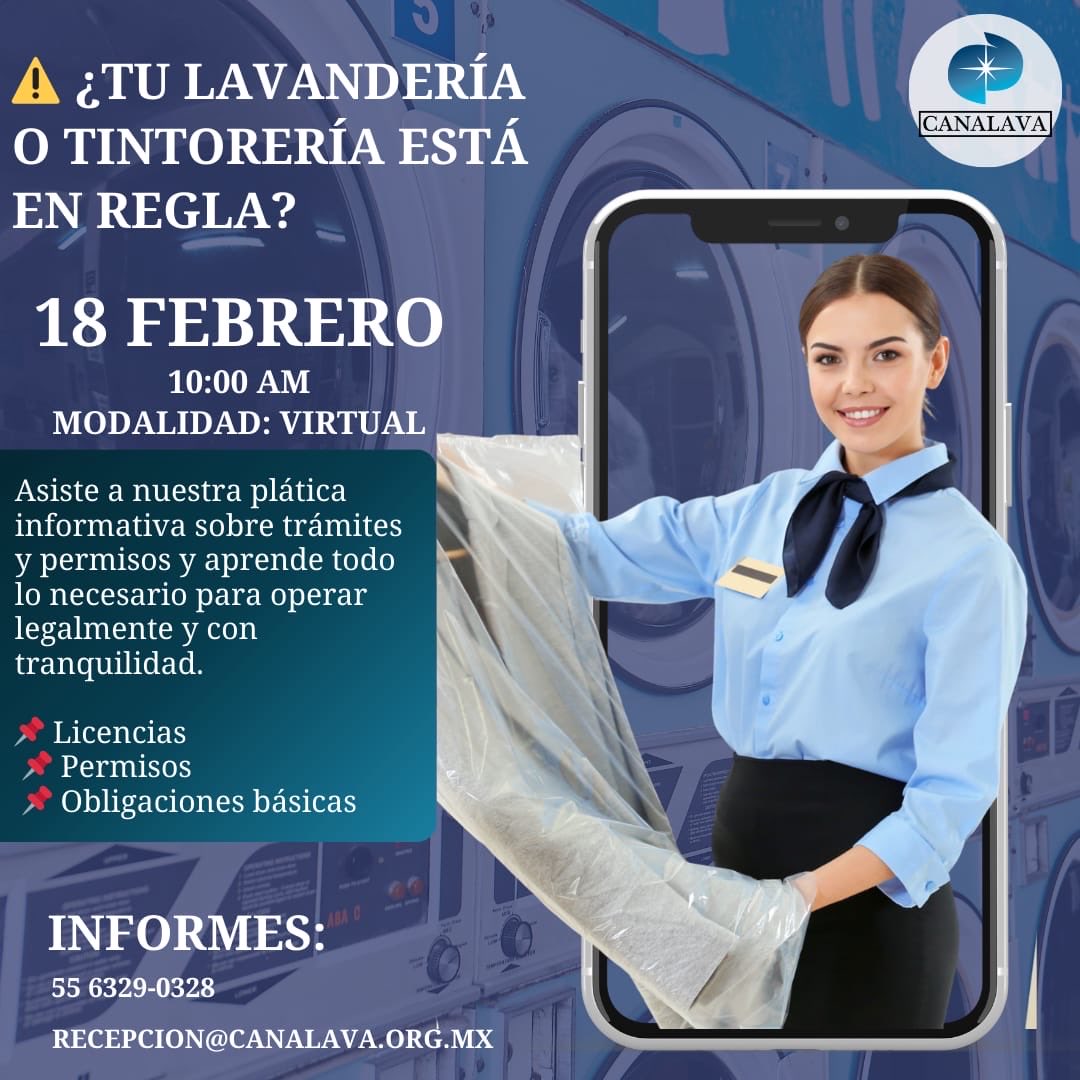 📢✨ ¡PLÁTICA INFORMATIVA PARA LAVANDERÍAS Y TINTORERÍAS! ✨📢

¿Estás por abrir una lavandería o tintorería? ¿Quieres regularizar tu negocio y conocer todos los trámites necesarios?

👔🧺 Te invitamos a nuestra Plática Informativa sobre Trámites para Lavandería y Tintorería
