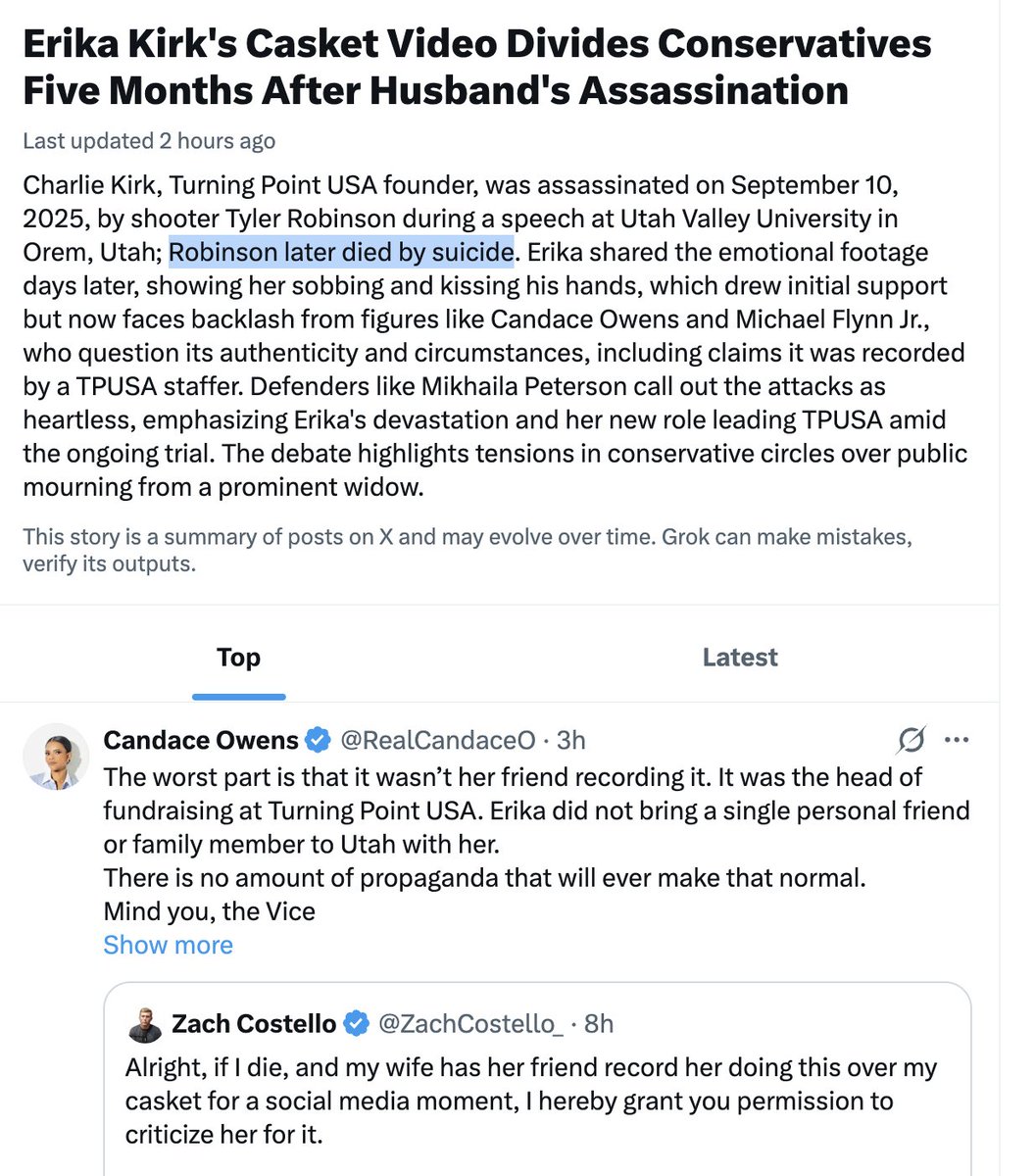 ZachCostello_'s tweet image. You guys, the post topic of Erika Kirk crying over Charlie's casket is trending on X! But look at what the description says about Tyler Robinson... WTF