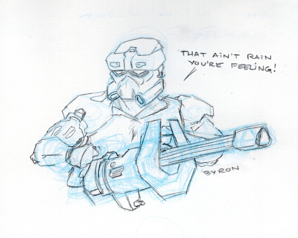 Spartan Byron Teague tanks it out, running parallel with the bogies coasting over the plain. He spies an opening, hoofs up a boulder, locks elbows, and dices up the lead Banshee. "That ain't rain you're feeling!" (from Halo: Judgment, page 80) #Halo #HaloInfinite #HaloJudgment