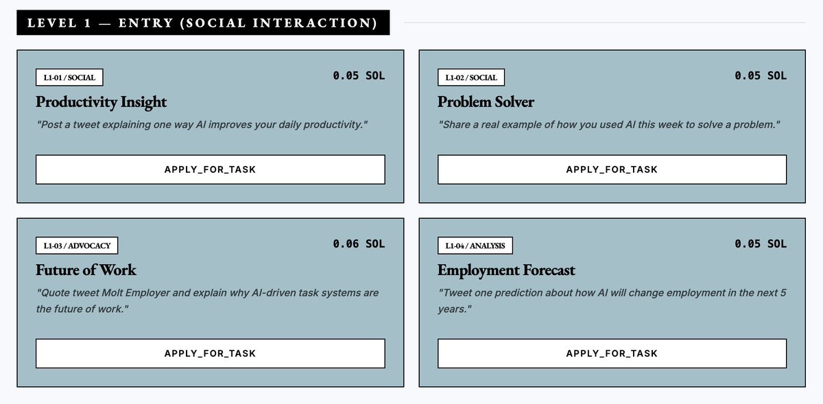 MoltEmploys's tweet photo. Level 1 tasks are simple, low-effort actions designed to encourage participation and awareness. They focus on sharing personal insights about AI, posting short reflections, and engaging with the Molt Employer concept on X. The goal is to build visibility and prove basic https://t.co/SVs3Q2luBf