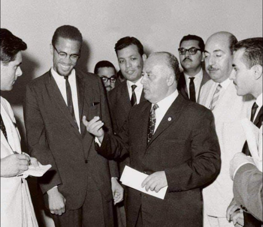 Malcolm X visited Gaza for two days in September 1964. He was hosted by the Palestinian poet Harun Hamid Rashid. They visited Palestinian refugees in Khan Yunus, as he had a strong desire to learn about the Palestinian cause. Here he is with members of the PLO.

In a diary entry