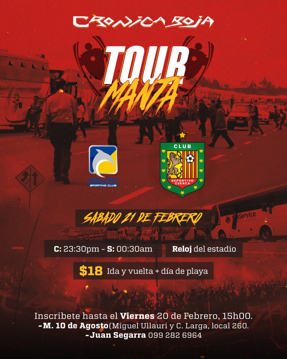 🚌 Tour Manta 🌊
📌 Concentración sábado 21 de febrero 23:30, salida 00:30
📍 Reloj del estadio, $18 transporte ida y vuelta más playa.
📲 Inf: wa.me/593992826964
📋 Inscripciones: la calle Miguel Ullauri y calle Larga (parte de afuera mercado 10 de agosto, local 260,