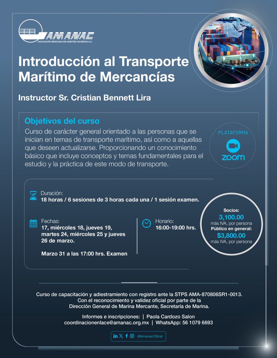LeadGlobalGroup's tweet photo. Hoy el comercio exterior exige mayor especialización y eficiencia. 🌎 

Por ello, @AmanacOficial presenta el curso “Introducción al Transporte Marítimo de Mercancías”, enfocado en comprender la operación del transporte marítimo y su papel estratégico en la cadena logística. 🚢

Consulta el temario: (https://t.co/CafemfbZxh)

Informes e inscripciones: WhatsApp: 56 1079 6693 | coordinacionenlace@amanac.org.mx 

Capacitación primordial para quienes buscan fortalecer su perfil profesional en comercio exterior. #AMANAC #AgentesNavieros #Capacitación #Competitividad #ComercioExterior #Transporte #Marítimo