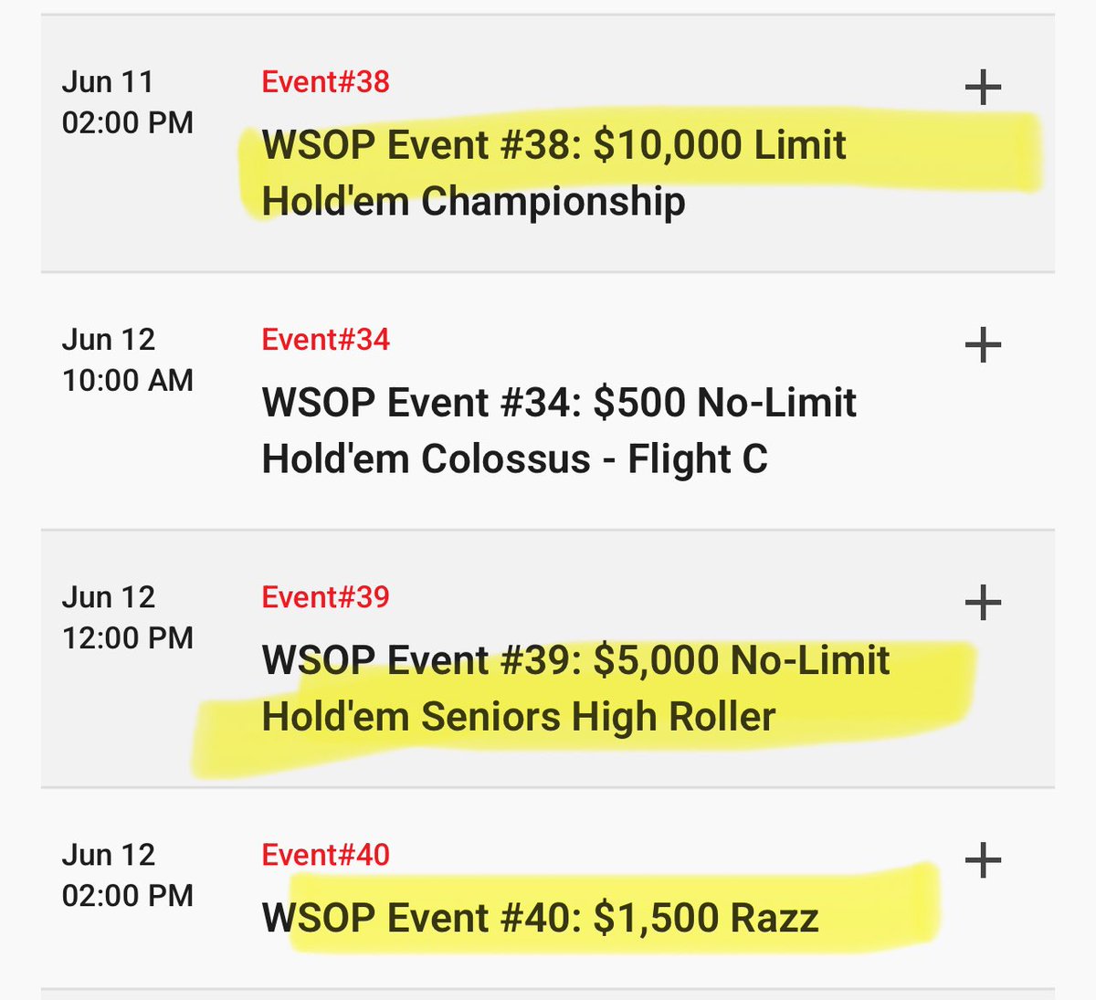 Phone rings I pick up

Jack Eiffel “Yo ODB what are your 3 favorite events?”

Me “10k limit holdem, $5k SRs, $1500 razz”

Jack “Ok cool thanks”

Hangs up