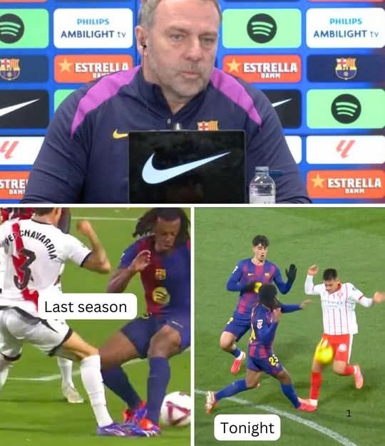 🚨🎙️| Hansi Flick on the referee :

“Every day it’s the same thing. the same type of decisions.

Last season, the same referee disallowed a FC Barcelona goal against Rayo Vallecano because Jules Koundé stepped slightly on an opponent’s toe.

Today, a goal is allowed for Girona FC