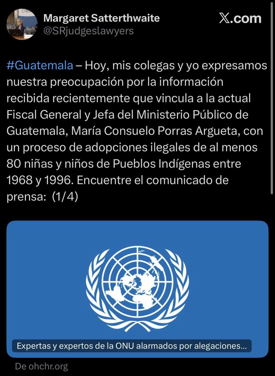 Consuelo Porras es señalada en las Naciones Unidas por un caso de adopciones ilegales de 80 niños y niñas de pueblos indígenas durante la guerra en #Guatemala.

 “Hoy, mis colegas y yo expresamos nuestra preocupación por la información recibida recientemente que vincula a la