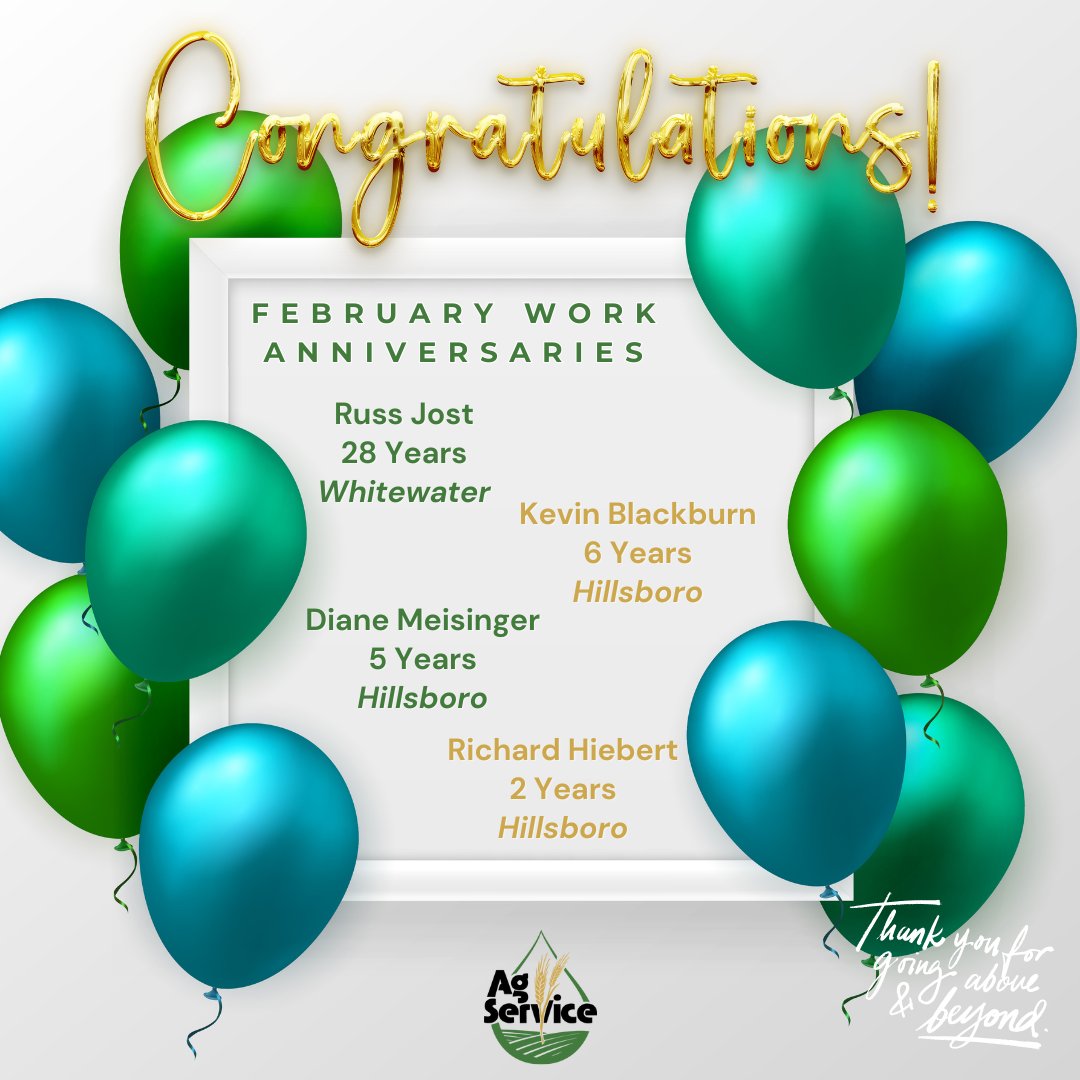 AgServiceInc2's tweet photo. Join us in celebrating our February work anniversaries! 🎉Thank you for all your time and effort in making sure our customers are well taken care of.
Today and everyday, we are thankful for our exceptional employees! #AgServiceInc #FebruaryWorkAnniversaries https://t.co/1HisrM6QVx