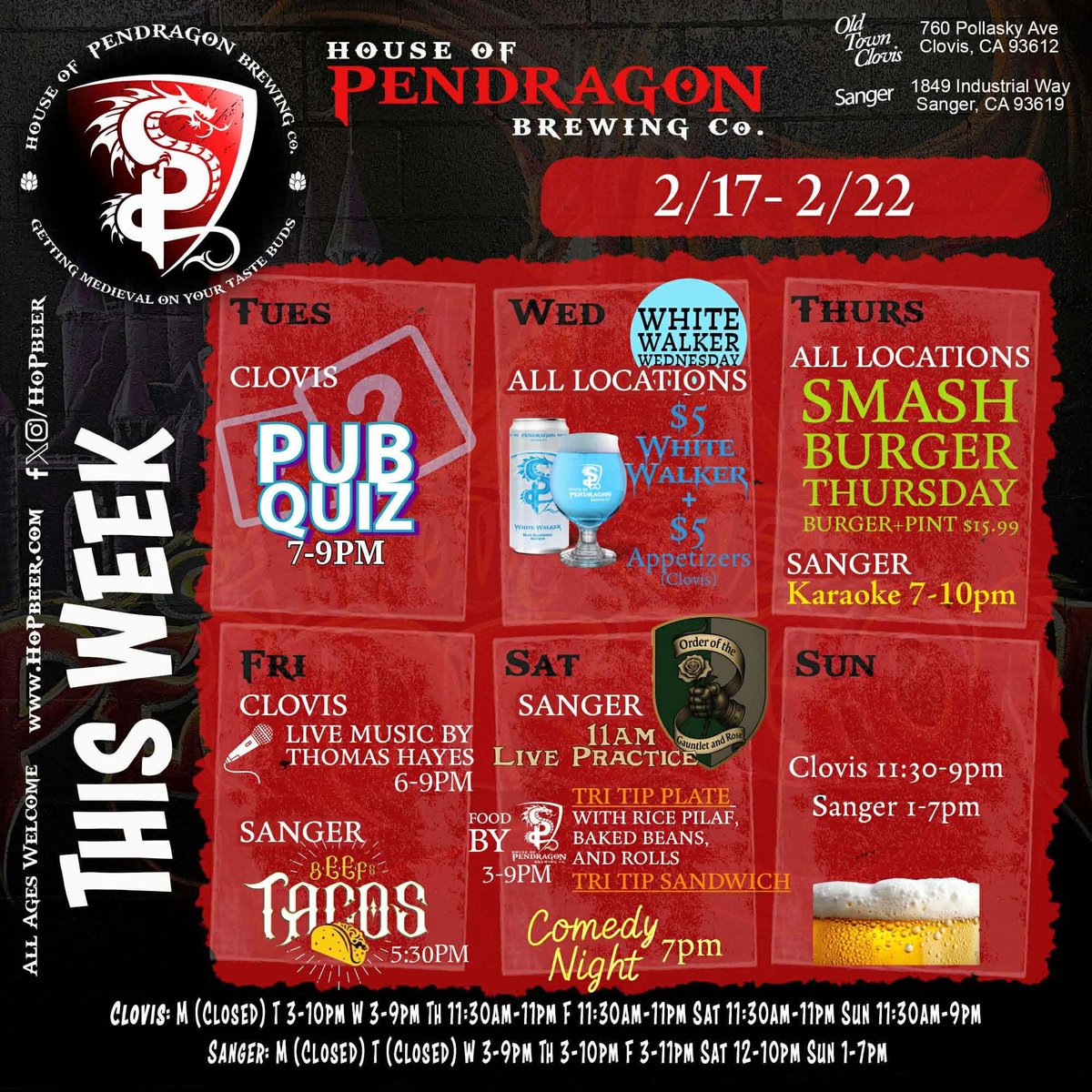🧠 Tues: Pub Quiz (Clovis) 7–9
❄️ Wed: White Walker Wednesday $5 pints + $5 apps
🍔 Thurs: Smash Burger Thursday (All) | Karaoke in Sanger 7–10
🎶 Fri: Live Music in Clovis | 🌮 Beef’s Tacos in Sanger
⚔️Sat: Live Practice + Food + Comedy Night (Sanger)
🍻 Sun: Chill vibes
