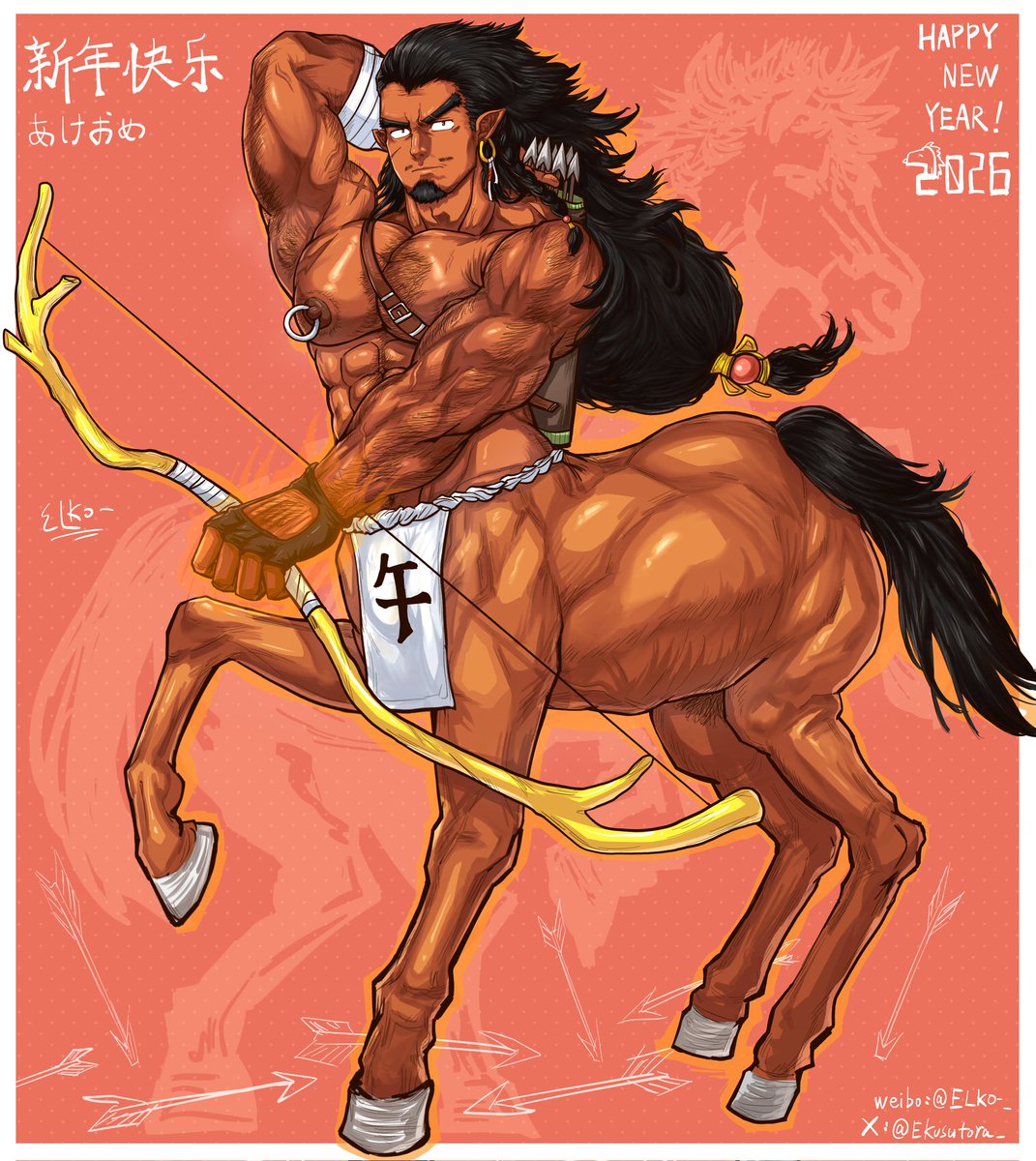 Ekusutora_'s tweet photo. 【NSFW】 "Mortal, Why are u staring？"  
「人間、何見でんの？」
2026 Happy Spring Festival &amp; Happy Horse Year～あけおめ🥳🎊
Hope ya like this new God top daddy😘(btw No shadow ver. is pretty good i think 😋)
(✨if u dislike body hair, check comment's another ver. https://t.co/Nq2Ye2L6zH