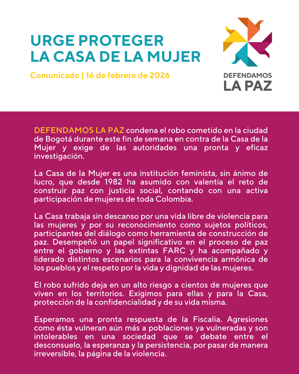 🚨 Exigimos protección para la Casa de la Mujer 🚨
Condenamos el robo en la <a href="/casa_la/">Casa de la Mujer</a> , Bogotá, y pedimos una investigación pronta. Esta institución feminista es vital para los derechos de las mujeres en Colombia. Solicitamos a la Fiscalía garantías y respuestas firmes.