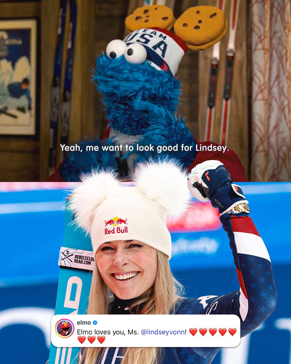 more cookie hats please 🍪👑 <a href="/MeCookieMonster/">Cookie Monster</a> has a special gift for <a href="/lindseyvonn/">lindsey vonn</a> 💙