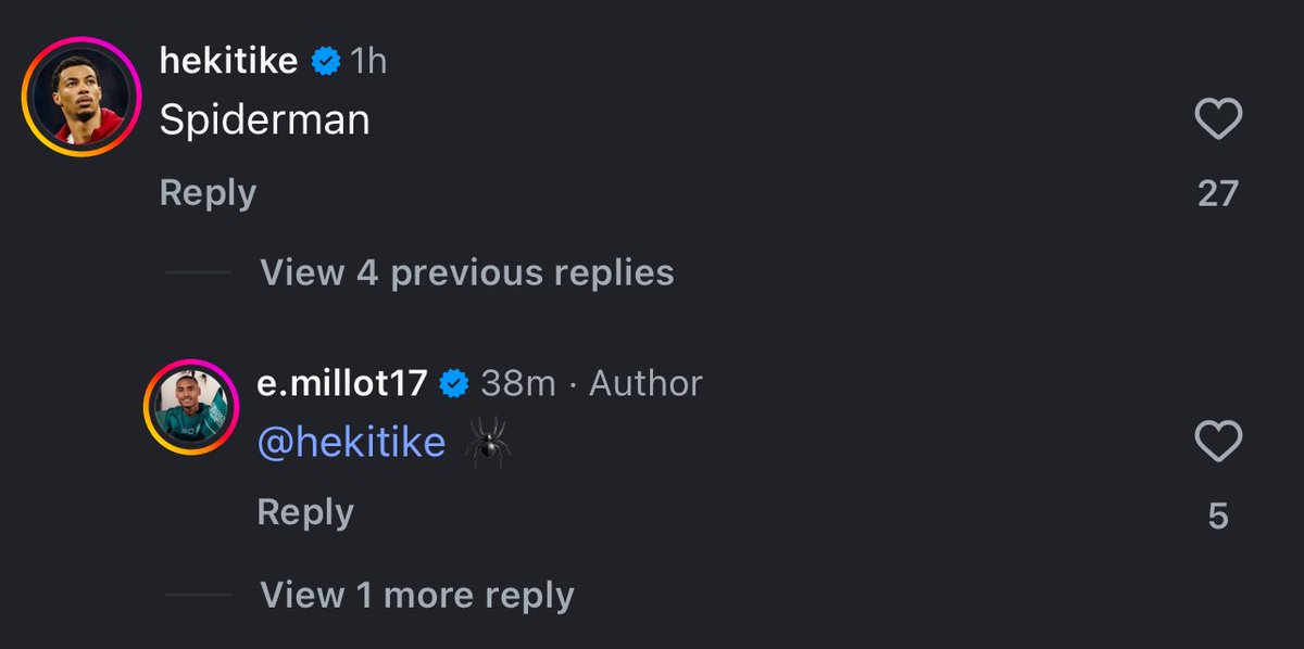 📲🟢 Hugo Ekitike replying to Enzo Millot’s IG post:
“Spiderman”

Enzo replied:
“🕷️”

#AlAhli | #AhliCentral