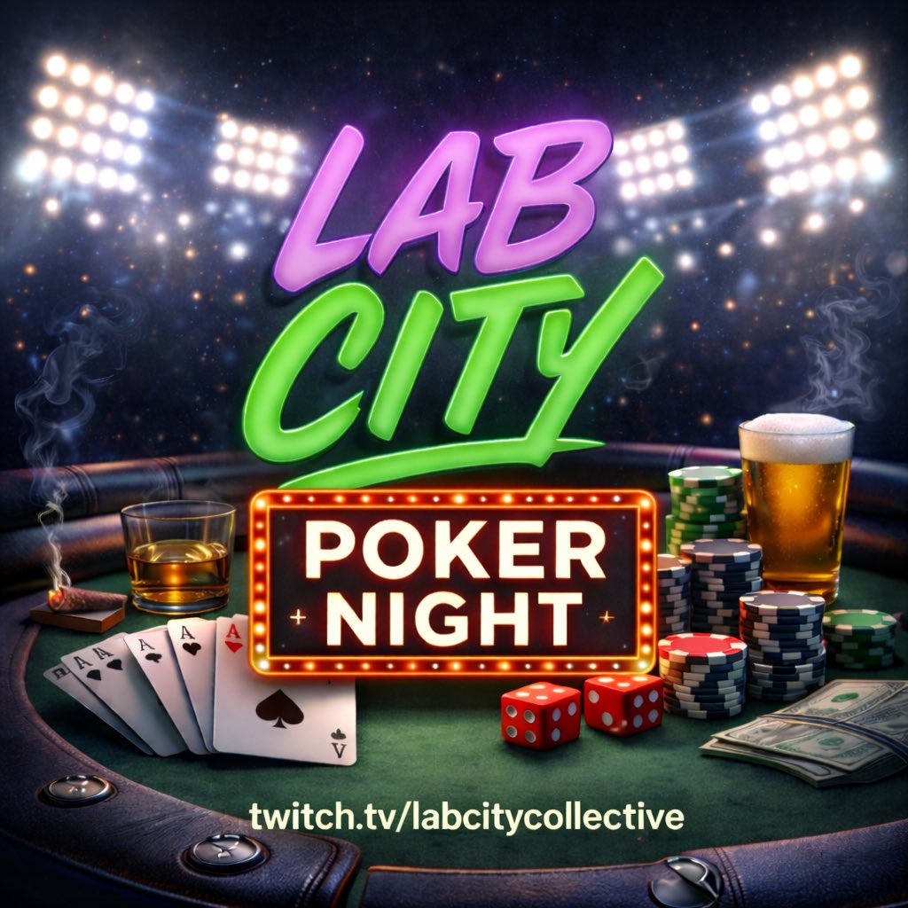 Lab City Poker Night Wednesday on Twitch.tv/labcitycollect… ♦️ ♣️ ♥️ ♠️ 

$100 buy in 
10 seats
Winner take all!

Time: 9:00pm ET (subject to change)

Featuring:
<a href="/AdamGotPicks/">AGP</a> 
<a href="/BookitWithTrent/">Trent Attyah</a> 
<a href="/steaakfriend/">Steak F</a> 
<a href="/DilanzohBall/">Dilanzoh</a> 
<a href="/Ron_Mucks/">Ron Ginsberg</a> 
<a href="/chellgod/">Chelly</a> 
<a href="/HayzeusF/">Hayzeus</a> 
<a href="/TuraVintage/">Tura</a> 
<a href="/idjfitz/">Dj Fitz</a>