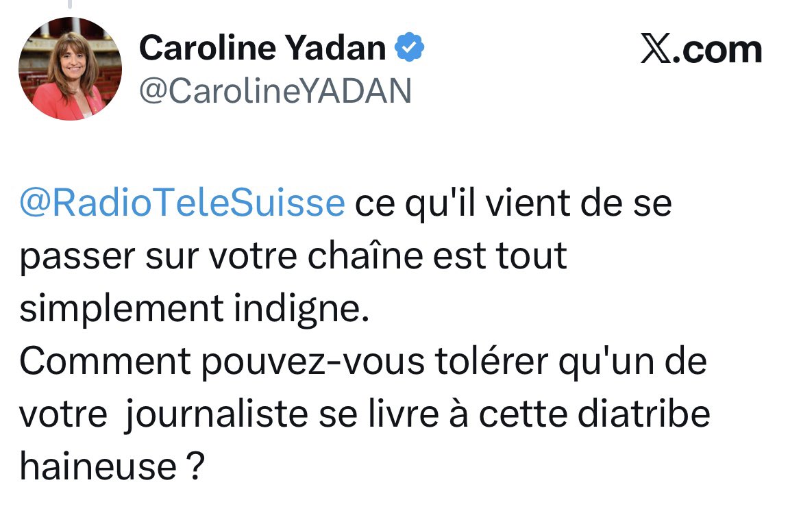 Cette dame, aujourd’hui connue dans le monde entier pour faire des fake news son fonds de commerce, qui s’ingère dans la politique française avec la complicité de certains membres du gouvernement FR, se croit tout permis !
Non, Madame <a href="/CarolineYADAN/">Caroline Yadan</a>, la Suisse n’est pas la