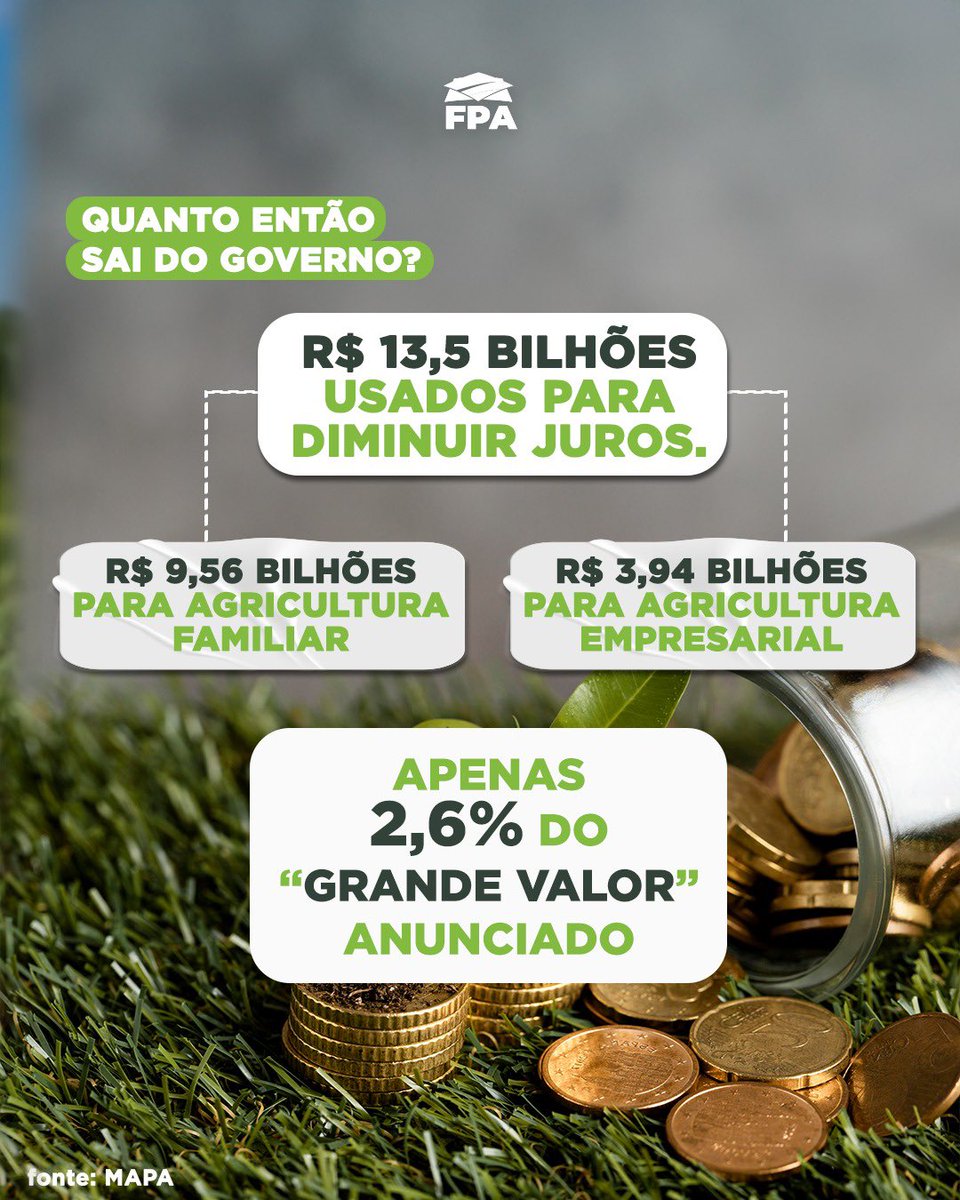 aledelara_'s tweet photo. Dados do Plano Safra diretamente do site da FPA

O governo faz a propaganda com R$ 516 bilhões para o Programa e o que sai efetivamente é ~R$ 13,5 bilhões, chegando ao produtor de forma indireta, através de equalização de juros (basicamente o Banco do Brasil, por exemplo, capta com taxa de CDI e oferece ao produtor juros entre 8,5% a 13,5%)

Os EUA tem subsídios que variam de U$ 30 a U$ 50 bilhões e em anos de crise, podendo superar os U$ 60 bilhões, assim como na Europa e detalhe: ~U$ 15 bilhões são subsídios diretos, com dinheiro na conta do produtor 

https://t.co/zlu0xM4NxU