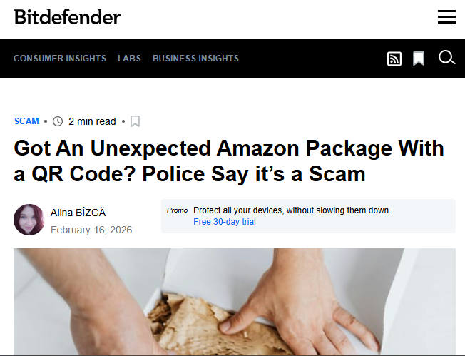 secretsofprivac's tweet photo. You get a package from Amazon. Your name's on it. Your address is correct.

But you never ordered anything.

This is NOT a mix-up. Police across the US are warning about a new scam, and the QR code inside the package is the trap.

Here's how it works:

Scammers send you an unsolicited package with Amazon branding. It looks completely real. Your name, your address, everything checks out. Inside, there's a small item (or sometimes just a note) and a QR code.The QR code tells you to scan it to "find out who sent this gift," claim a reward for leaving a review, or "report a wrong delivery."

Sounds harmless. It's not.

That QR code redirects you to a fake Amazon page designed to steal your login credentials. In some cases, it prompts you to download something to your phone, which then gives scammers access to sensitive data, including banking information.

One scan. That's all it takes to go from "mystery gift" to unauthorized charges or drained accounts.

This is actually a twist on an older scam called "brushing," where sellers ship cheap items to random addresses so they can post fake verified reviews. The 2026 version adds QR codes to turn a nuisance into an actual threat.

What to do if this happens to you:

✅Don't scan the QR code. Ever.

✅Don't enter any information on a site linked from the package.

✅Open the Amazon app or go to https://t.co/Tni1TKwGfw directly and check your order history. If nothing's there, you have your answer.

✅Monitor your bank and credit card statements for unusual activity.

✅If you already scanned the code and entered any information, change your Amazon password immediately, enable two-factor authentication if you haven't already, and contact your bank to flag potential fraud.

One more thing worth knowing:

QR codes are uniquely dangerous because you can't see where they lead before you scan. At least with a sketchy link in an email, you can hover over it and think twice. QR codes give you nothing. Keep that in mind anytime you encounter one in an unexpected context.

Stay safe out there.